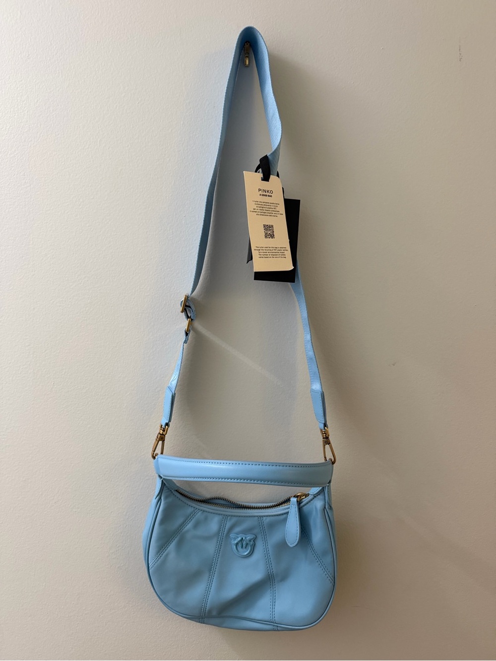 Pinko Sky Blue Leather Crossbody Bag with Gold Hardware
